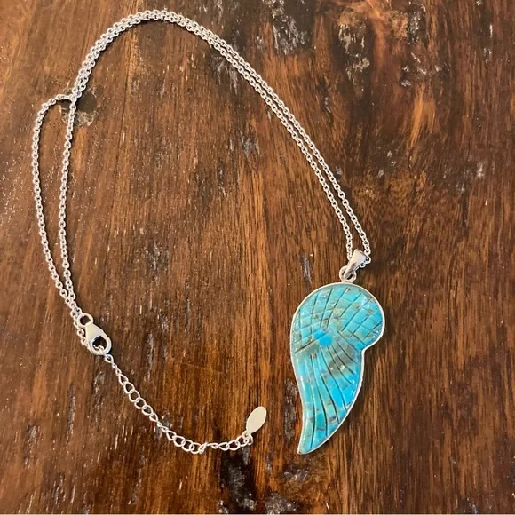 Genuine Turquoise Feather Hand Carved Gemstone Pendant Necklace Sterling Silver - Picture 5 of 10